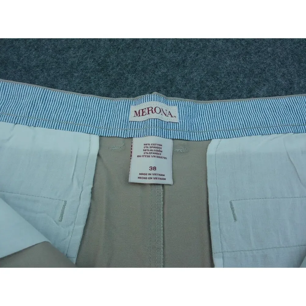 Men's Size 38 Flat Front Stretch Shorts Beige 98% Cotton Classic Preppy Y2K New